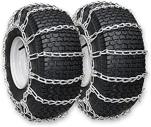 Photo 1 of OakTen Set of 2 Snow Tire Chains for Lawn Tractor, Riding Mower, Snow Blower - Zinc Plated 2 Link Enhanced Traction Garden Tractor Chains - Fits 20x8x8 20x8x10 21x7x8
