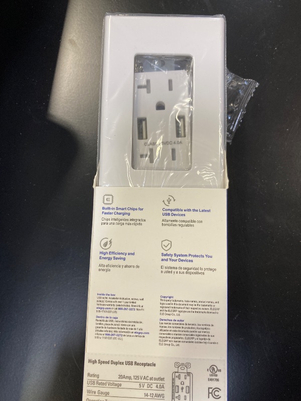 Photo 1 of 4 Amp USB Dual Type A In-Wall Charger with 20 Amp Duplex Tamper Resistant Outlet, Wall Plate Included, White