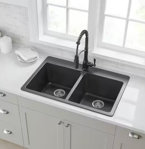 Photo 1 of Stonehaven 33 in. Drop-in 50/50 Double Bowl Black Onyx Granite Composite Workstation Kitchen Sink with Black Strainer
