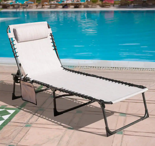 Photo 1 of Outdoor Folding Chaise Lounge Chair Fully Flat for Beach with Pillow and Side Pocket, Beige