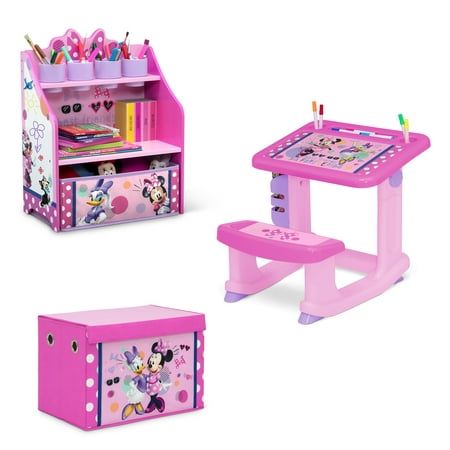 Photo 1 of Minnie Mouse 3-Piece Art & Play Toddler Room-in-a-Box by Delta Children – Includes Draw & Play Desk Art & Storage Station & Fabric Toy Box Pink
