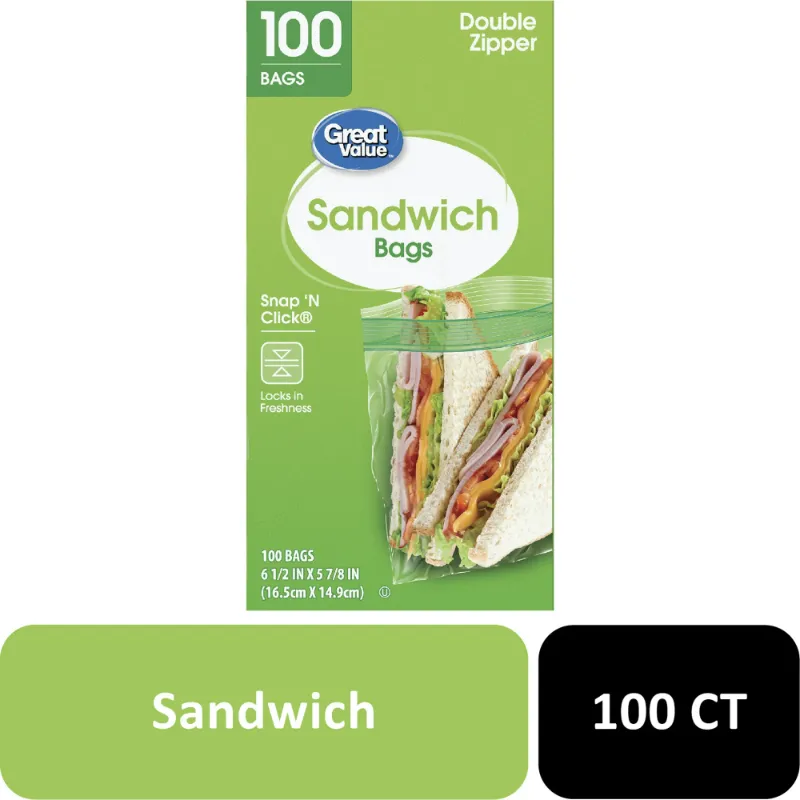 Photo 1 of Pack of 5 Great Value Fresh Seal Double Zipper Sandwich Bags, 100 Count
