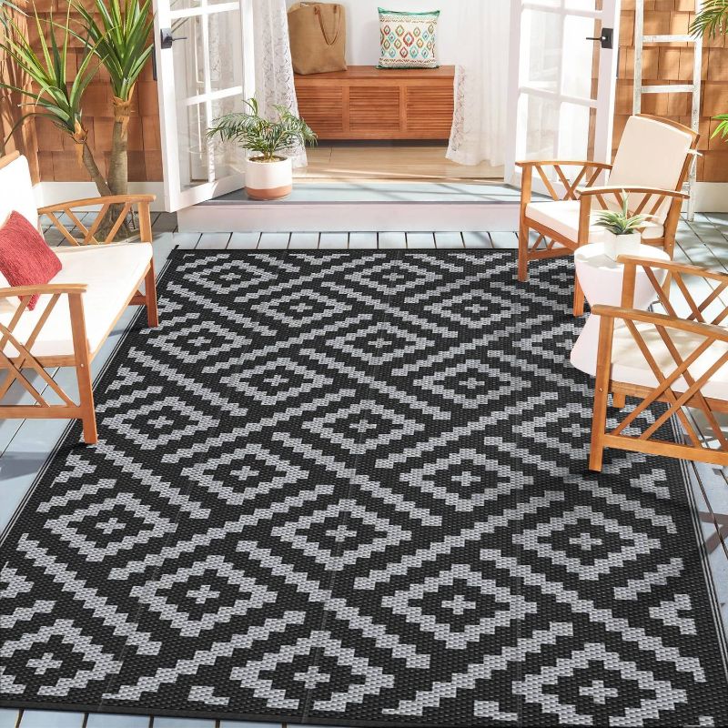 Photo 1 of DEORAB Outdoor Rug Patio Clearance, Reversible Plastic Camping Rugs, 5'x8', Black & Gray
