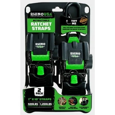 Photo 1 of Rhino USA 1in X 10ft Retractable Ratchet Straps 2 Pack 403lbs Working Load Limit 6lbs Product Weight
