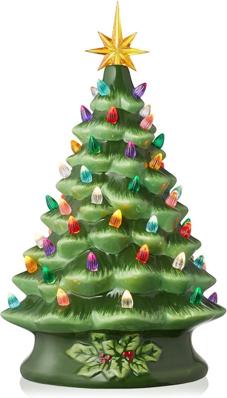 Photo 1 of Casafield Hand Painted Ceramic Christmas Tree, Green 15-Inch Pre-Lit Tree with 128 Multi Color Lights and 2 Star Toppers
