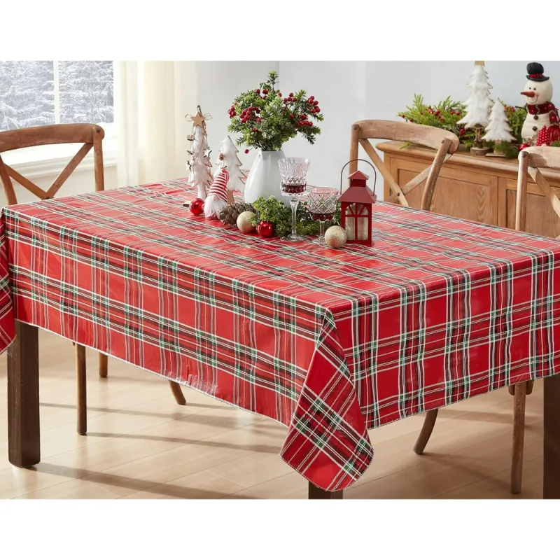 Photo 1 of Christmas Plaid Red and Black Check 60 x 84 inch Vinyl Rectangle Vinyl Flannel Backed Tablecloth
