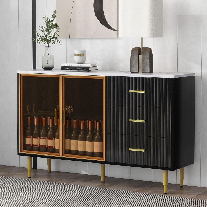 Photo 1 of Modern Sideboard,MDF Buffet Cabinet Marble Sticker Tabletop and Amber-Yellow Tempered Glass Doors with Gold Metal Legs & Handles for Hallway, Entryway and Living Room (Black)
