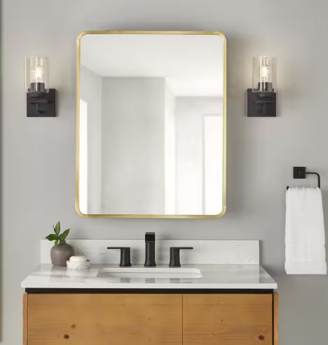 Photo 1 of 24 in. W x 30 in. H Rounded Corner Rectangular Brushed Gold Medicine Cabinet with Mirror