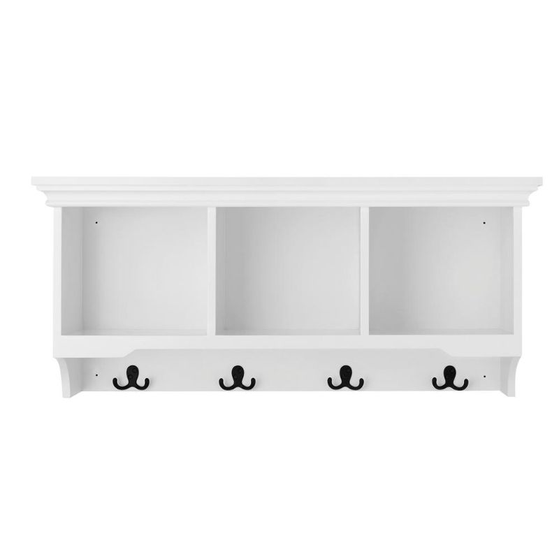 Photo 1 of 16.14 in. H X 36 in. W X 11 in. D White Wood Floating Decorative Cubby Wall Shelf with Hooks
