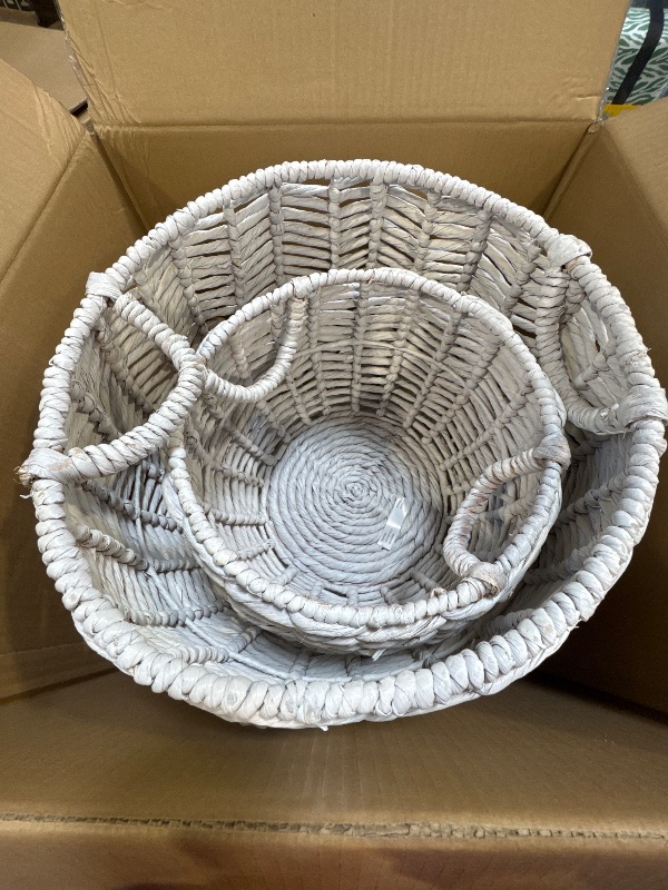 Photo 2 of Ivory Round Water Hyacinth Decorative Basket with Handles (Set of 2)