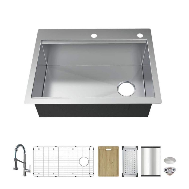 Photo 1 of Professional Zero Radius 33 in Drop-in Single Bowl 16 G Stainless Steel Workstation Kitchen Sink with Spring Neck Faucet
