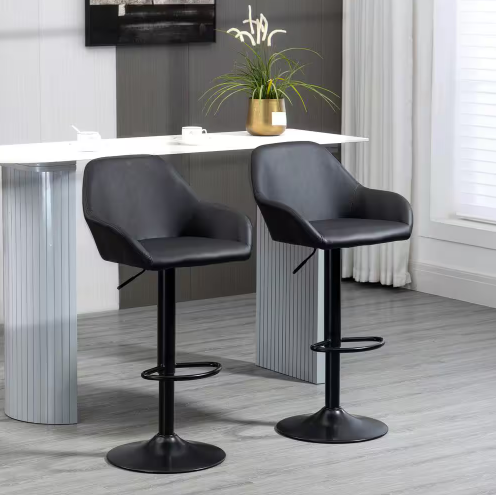 Photo 1 of 41.75 in. Black High Back Metal Frame Adjustable Bar Stools with PU leather seat (Set of 2)
