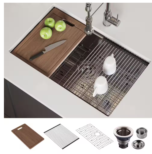 Photo 1 of 16G Stainless Steel 30 in. Single Bowl Undermount Workstation Kitchen Sink with Cutting Board, Bottom Grid, Strainer
