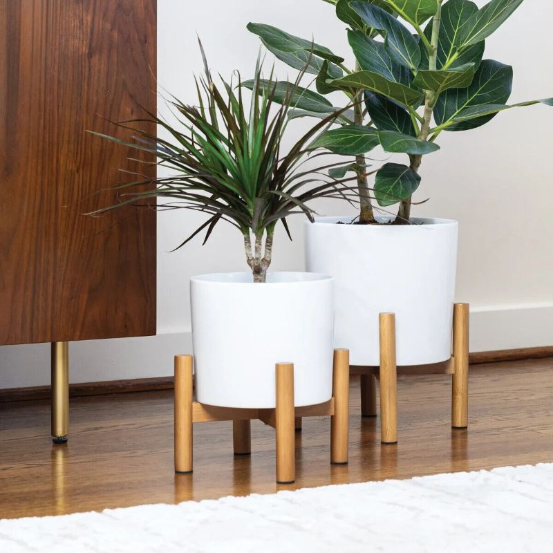 Photo 1 of Ceramic Planters with Bamboo Stands, 2-pack
