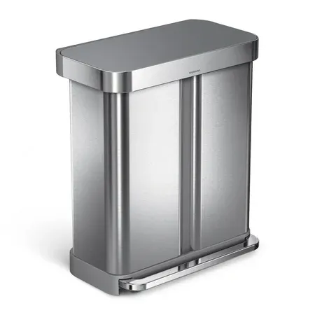 Photo 1 of 58 Liter Rectangular Dual Compartment Step Trash Can with Grey Plastic Lid, Brus
