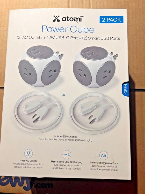 Photo 1 of Atomi Power Cube 3 AC Outlets High-Speed Smart USB Charging, 2 Pack
