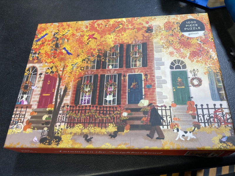 Photo 2 of Galison Autumn in The Neighborhood 1000 Piece Puzzle from Galison - 27" x 20" Beautifully Illustrated Puzzle from Joy LaForme, Thick & Sturdy Pieces, Challenging Activity for Adults, Unique Gift Idea!