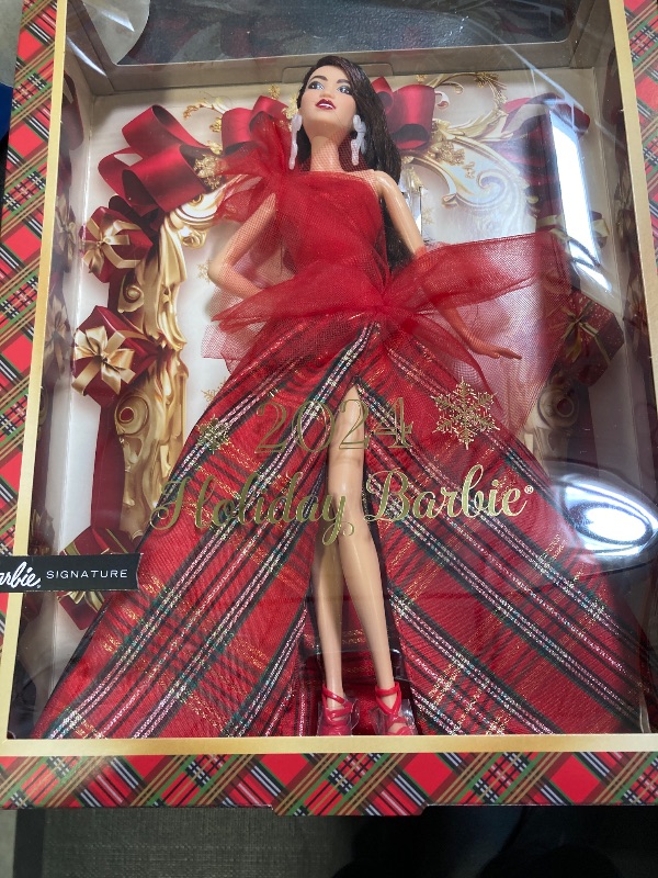 Photo 2 of Barbie Signature 2024 Holiday Dolls, Seasonal Collector Gift, Plaid Gown with Red Bow, Displayable Packaging, Dark Brown Hair