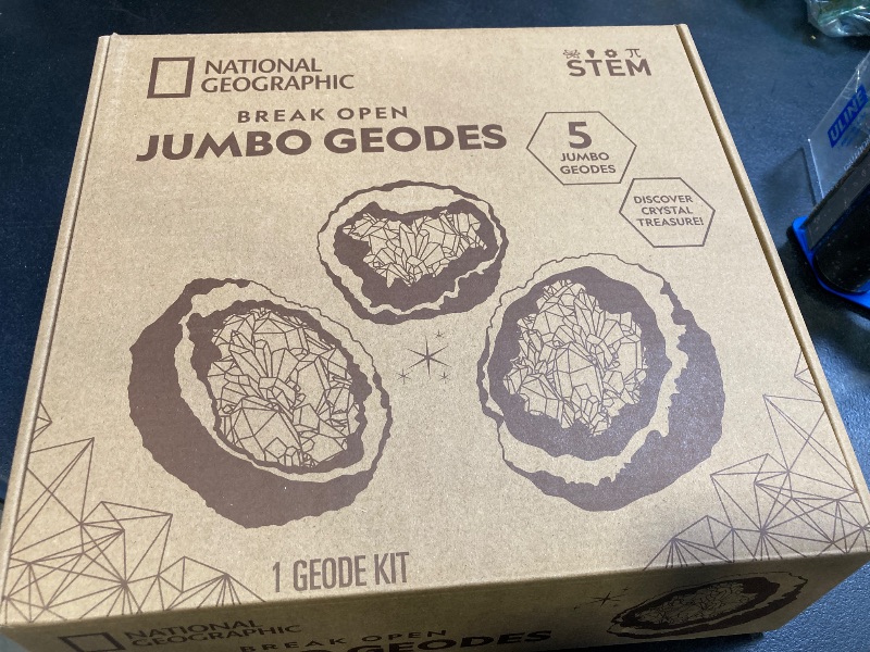Photo 1 of NATIONAL GEOGRAPHIC Break Open 5 Jumbo Geodes - Earth Science Kit with 5 Premium, Extra-Large Geodes with Crystals, Goggles & Display Stands, Science Gifts, Fun Stuff for Kids (Amazon Exclusive)