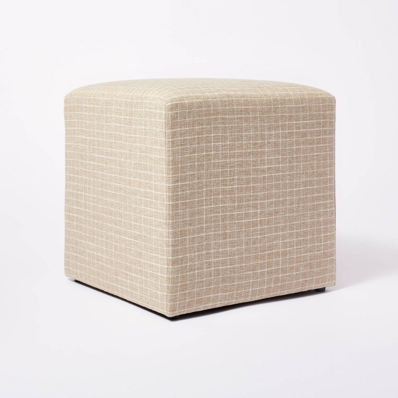 Photo 1 of Lynwood Square Upholstered Cube Ottoman Light Brown Windowpane Plaid - Threshold™ Designed with Studio McGee: Padded, No Assembly Required
