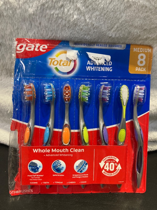 Photo 2 of Colgate Total Whole Mouth Health Advanced Whitening, Medium Floss Tip Bristles Wraparound Cheek and Tongue Cleaner Spiral Bristles - 8 Toothbrushes