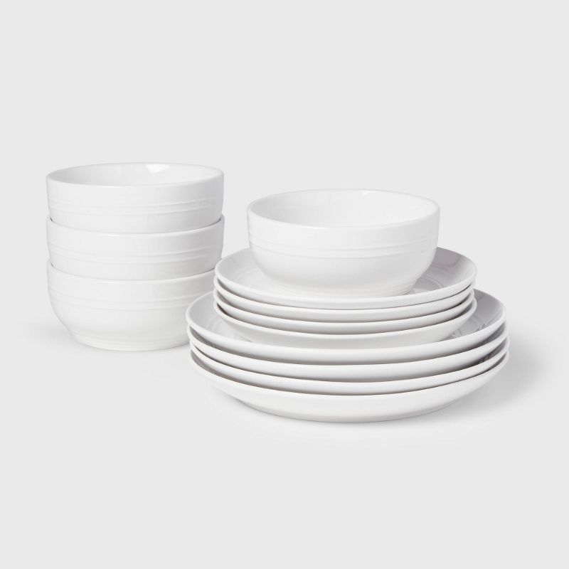 Photo 1 of 12pc Stoneware Westfield Dinnerware Set White - Threshold™: Solid Plate & Dish Set, Microwave & Dishwasher Safe
