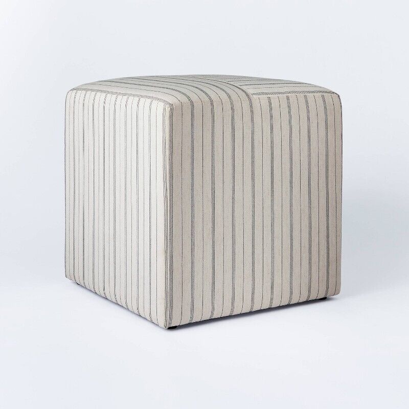 Photo 1 of Lynwood Square Upholstered Cube Ottoman Cream Wide Stripe - Threshold™ Designed with Studio McGee: Transitional Style, Wood Frame