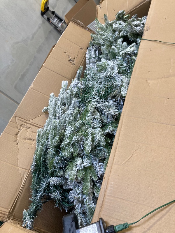 Photo 1 of unlemoni 9.5ft Snow Flocked Artificial Christmas Tree Fake Hinged Pine Tree with 450 Warm White Lights, 1800 Branch Tips, Foldable Stand for Christmas Home Office Party Decoration- READ CLERK NOTES