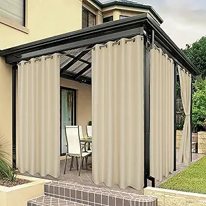 Photo 1 of 4pcs BONZER Waterproof Outdoor Curtains for Patio Porch Pergola Cabana Sunlight Blocking Privacy Grommet Indoor Curtain Panels for Bedroom Living Room, 1 Panel, 84W x 84L inch, Cream