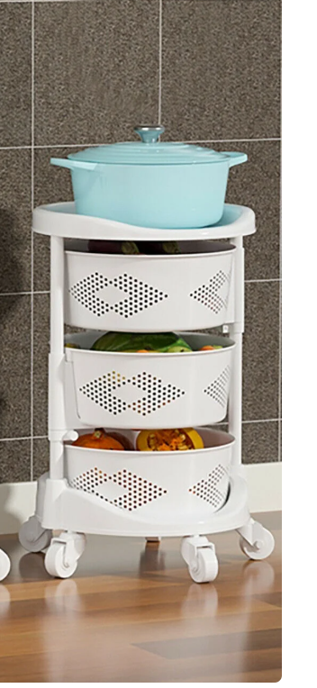 Photo 1 of  Multi-Layer Kitchen Storage Rack, Rotating Storage Shelves Organizer,Floor Standing Storage Rack Basket Shelf Kitchen Storage Cart with Wheels Storage Basket for Living Room Kitchen (White)