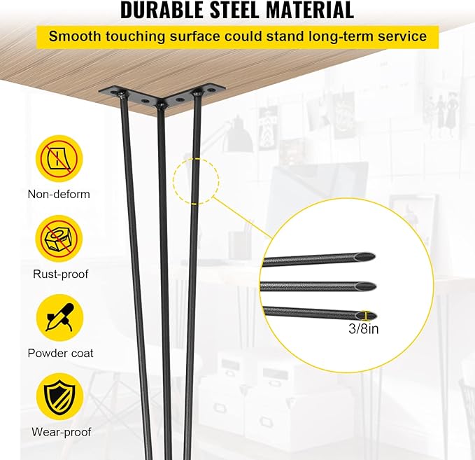 Photo 2 of Happybuy Hairpin Table Legs 36" Black Set of 4 Desk Legs 880lbs Load Capacity (Each 220lbs) Hairpin Desk Legs 3 Rods for Bench Desk Dining End Table Chairs Carbon Steel DIY Heavy Duty Furniture Legs