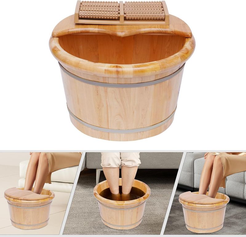 Photo 1 of 9.84In Tall Foot Basin Wooden Bucket with Lid and Massage Roller, Pedicure Barrel for Foot Bath, Foot Baths Wood Foot Tub Foot Bath Massage Plus Cover for Bath Relaxing, 15.75in*12.2in*9.84in