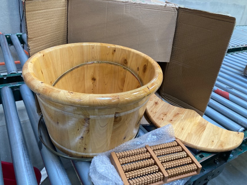 Photo 2 of 9.84In Tall Foot Basin Wooden Bucket with Lid and Massage Roller, Pedicure Barrel for Foot Bath, Foot Baths Wood Foot Tub Foot Bath Massage Plus Cover for Bath Relaxing, 15.75in*12.2in*9.84in