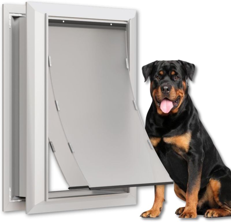 Photo 1 of Aluminum Dog Door for Exterior, Cutout Size 14 1/2''W x 25 1/8''H, Heavy Duty Magnetic Double Flap for Extreme Weather, Energy-Efficient, Easy to Assemble, Lockable Panel Included, Sliver (X-Large)