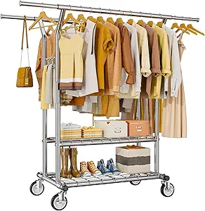 Photo 1 of Heavy Duty Clothes Rack Load 450 LBS, Metal Garment Rack, Standing Rolling Clothing Rack for Hanging Clothes with Sturdy Wheels & Shelves, Portable Closet Wardrobe Rack,Sliver