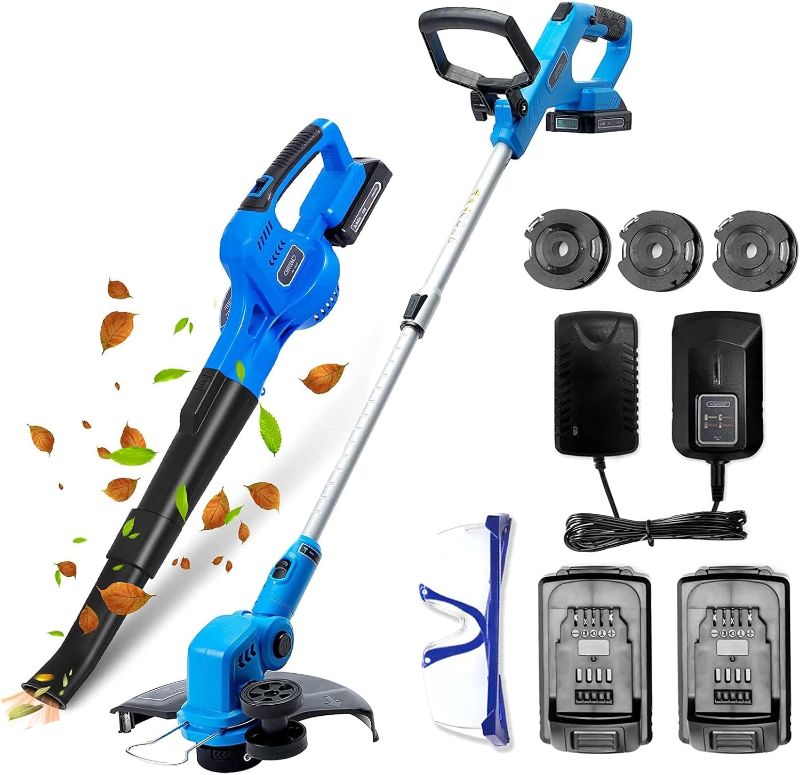 Photo 1 of 0V Cordless String Trimmer & Edger and Leaf Blower Combo Kit, 12 Inch Weed Wacker with 90 Degree Adjustable Head, 130 MPH Electric Leaf Blower, with 2 x 2.0Ah Batteries and Fast Charger