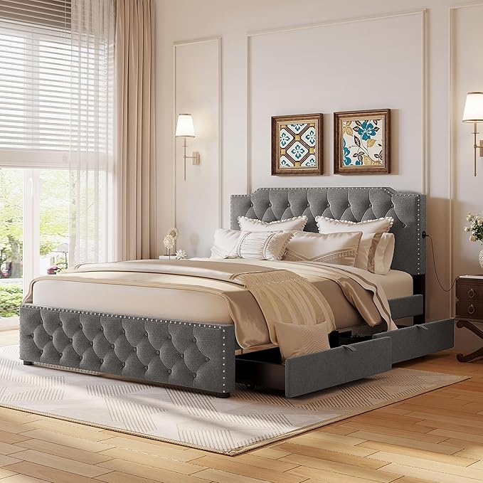 Photo 1 of ***SET*** Linique Queen Size Upholstered Platform Bed with 2 Drawers, USB Ports, Wooden Linen Fabric Platform Bed with Button Tufted Design Headboard and Footboard, Beige
