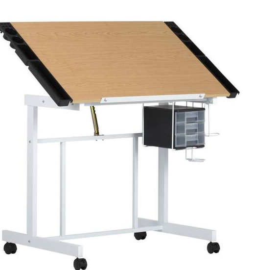 Photo 1 of Deluxe 41 W Craft Station White / Maple Mobile Writing Desk with Adjustable Top and Storage

