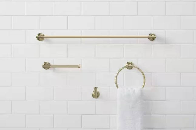 Photo 1 of Oswell 4-Piece Bath Hardware Set with 24 in. Towel Bar, TP Holder, Towel Ring and Robe Hook in Matte Gold