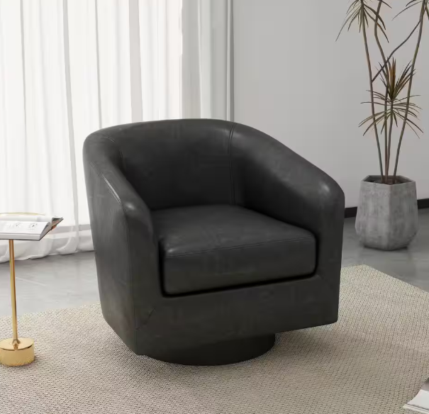 Photo 1 of Black PU Leather Upholstered 360°Swivel Arm Chair With Wood Base (Set of 1)