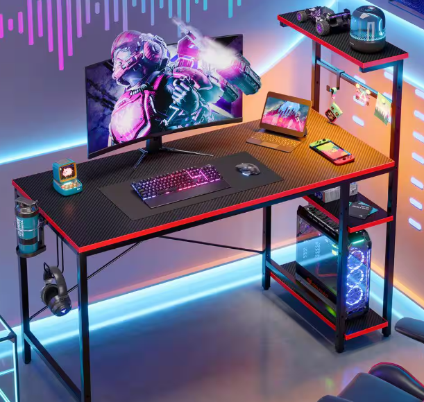 Photo 1 of 44 in. Rectangular Black Carbon Fiber Gaming Desk with RGB LED Lights Computer Desk with 4 Tier Storage Shelves and Hook