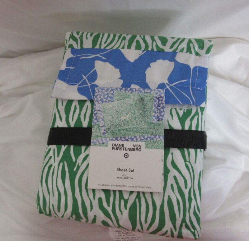 Photo 1 of Diane Von Furstenberg Full Sheet Set Sea Twig Green Blue White 100% Cotton NWT
