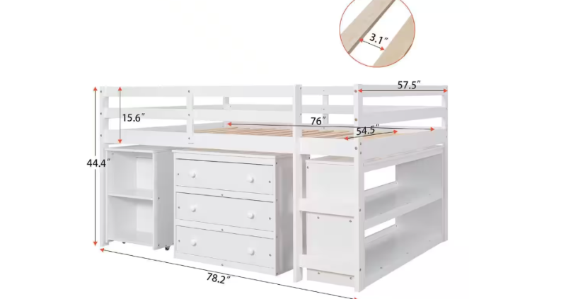 Photo 3 of SET*** White Full Size Low Study Loft Bed with Cabinet, Shelves and Rolling Portable Desk
