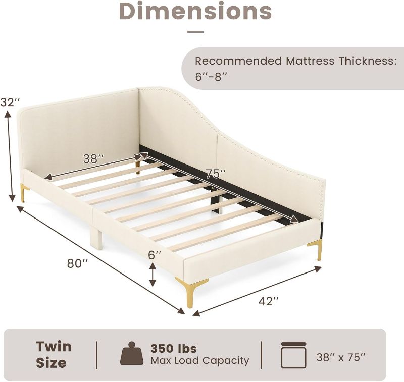 Photo 2 of *BOX 1 OF 2* Twin Size Upholstered Daybed, Rivet-Tufted Platform Bed with Headboard, Metal Legs & Wood Slats, L-Shaped Corner Sofa Bed for Living Room & Guest Room, No Box Spring Needed, Beige