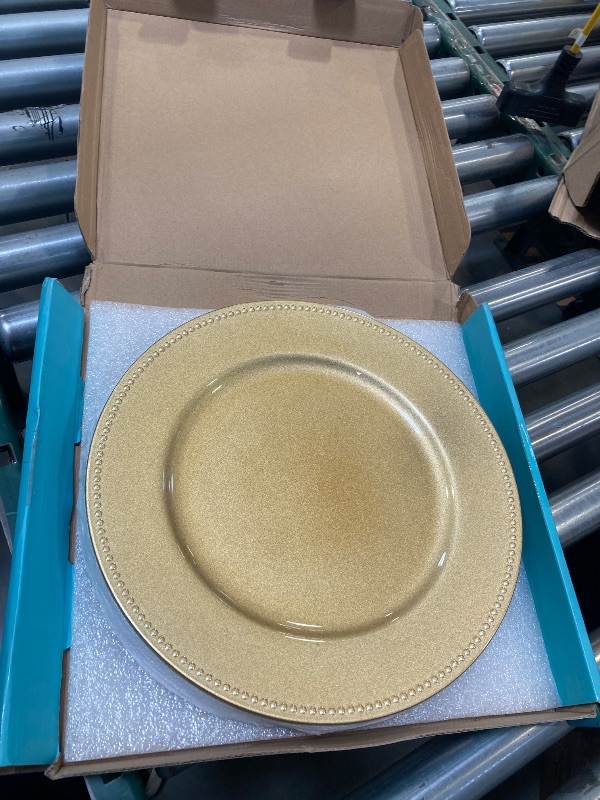 Photo 2 of MAONAME 13" Gold Charger Plates Set of 6, Round Chargers for Dinner Plates, Plate Chargers with Beaded Rim, Plastic Table Chargers for Wedding, Party