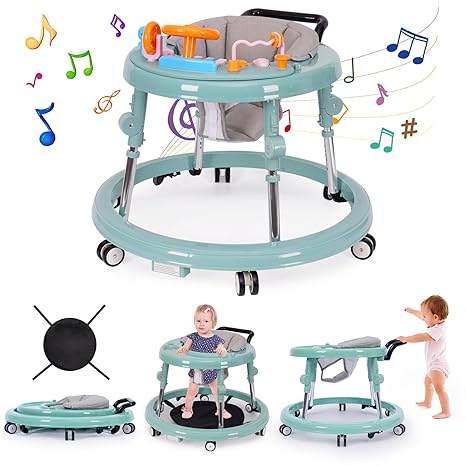 Photo 1 of Music and Lights Baby Walker Foldable with 9 Adjustable Heights, Baby Walker with Wheels Portable, Baby Walkers and Activity Center for Boys Girls Babies 7-18 Months (New-Green)
