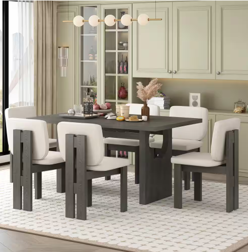 Photo 1 of 3 Rectangle Chair Set, Gray  Top Dining Set Seats with 3-Beige Linen Upholstered Chairs
