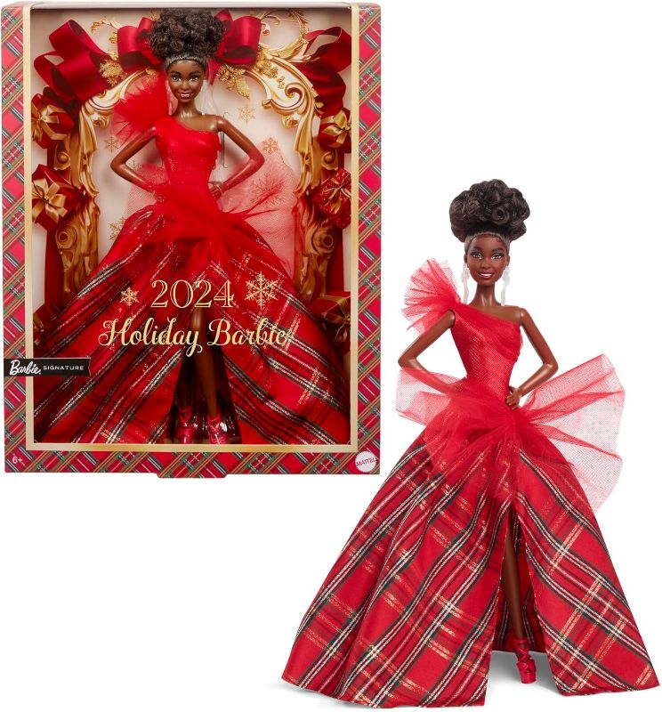 Photo 1 of Barbie Signature Doll, 2024 Holiday Fashion Doll with Brown Hair Wearing Plaid Gown, Seasonal Collector Gift in Displayable Packaging
