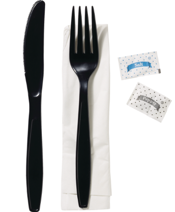 Photo 1 of Vital International Solutions Plastic Fork, Knife, Napkin, Salt & Pepper Cutlery Kit, Black, 250ct
