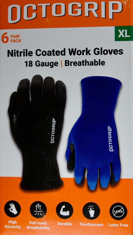 Photo 1 of Octogrip Nitrile Coated Work Gloves, 18 Gauge, Breathable, 6 Pairs
